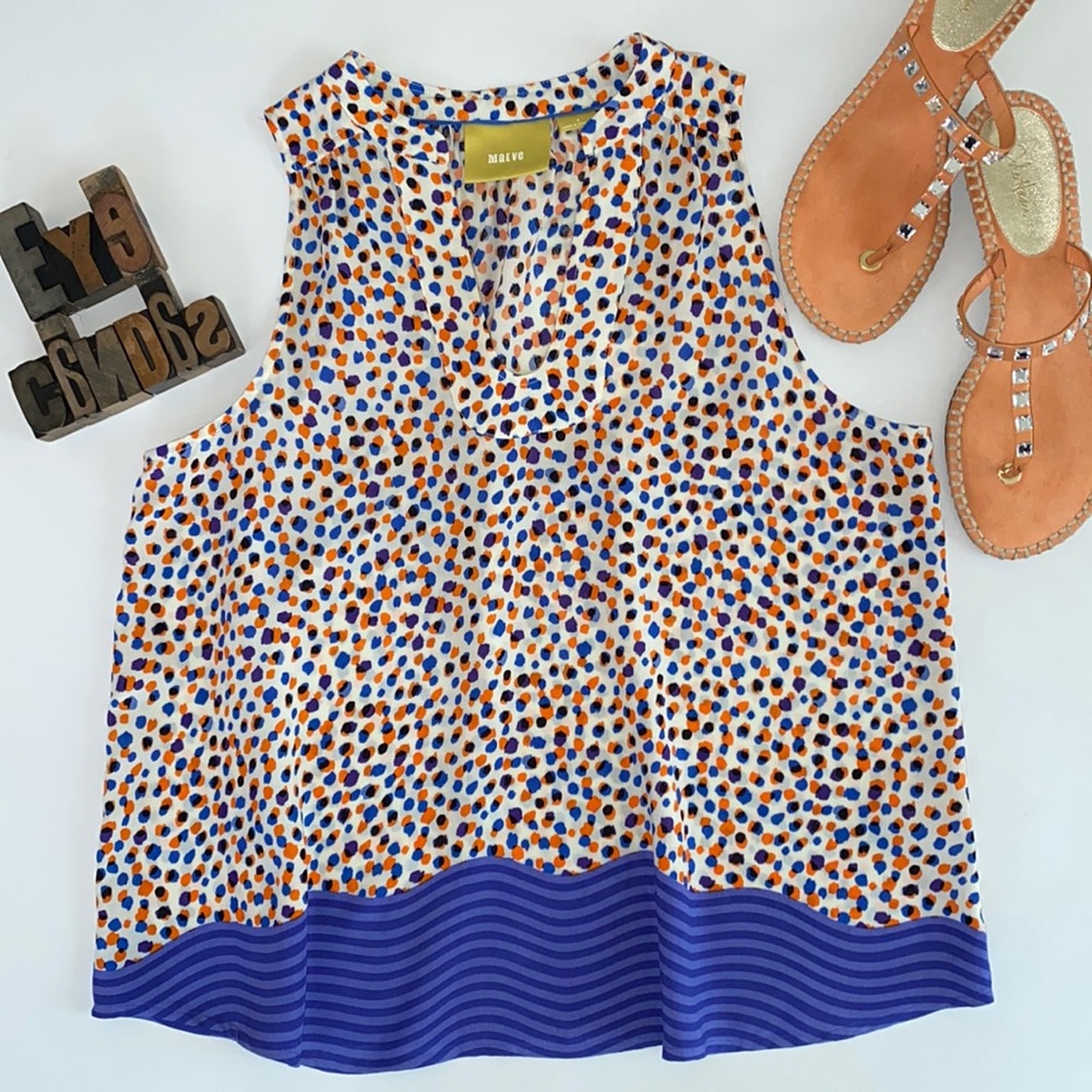 MAEVE Sleeveless V-Neck Geometric Dot/Wavy Print Top